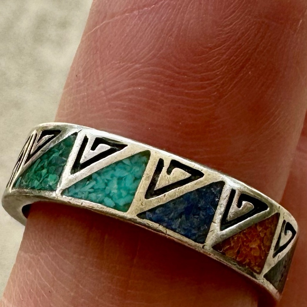 Turquoise Inlaid Navajo Ring.  Multi Color Turquoise.